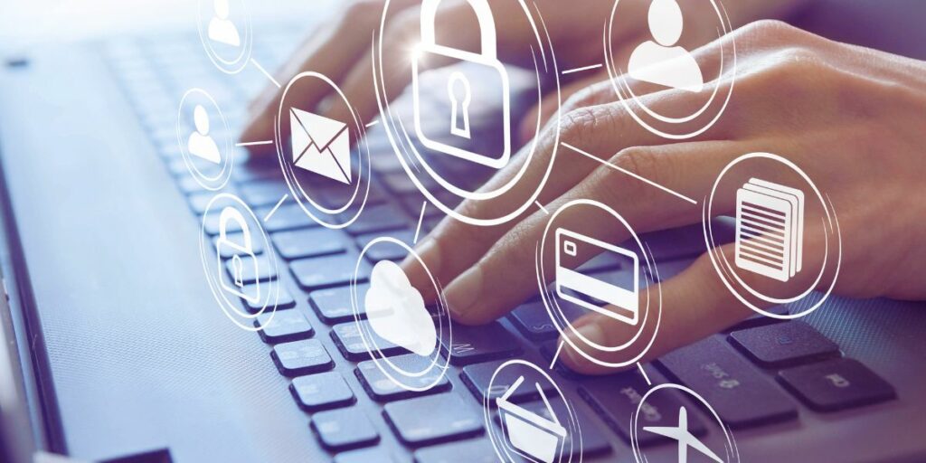 Someone typing on a keyboard, with images like charts, emails, and Boise skyline icons appearing around them to show different parts of their business in Boise.